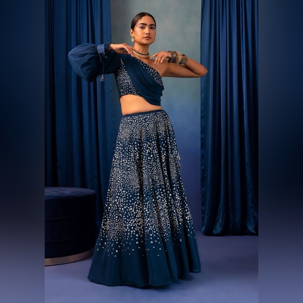 Teal Foil Print Lehenga & One Shoulder Blouse With Attached Drape — Size Medium - Picture 2 of 15